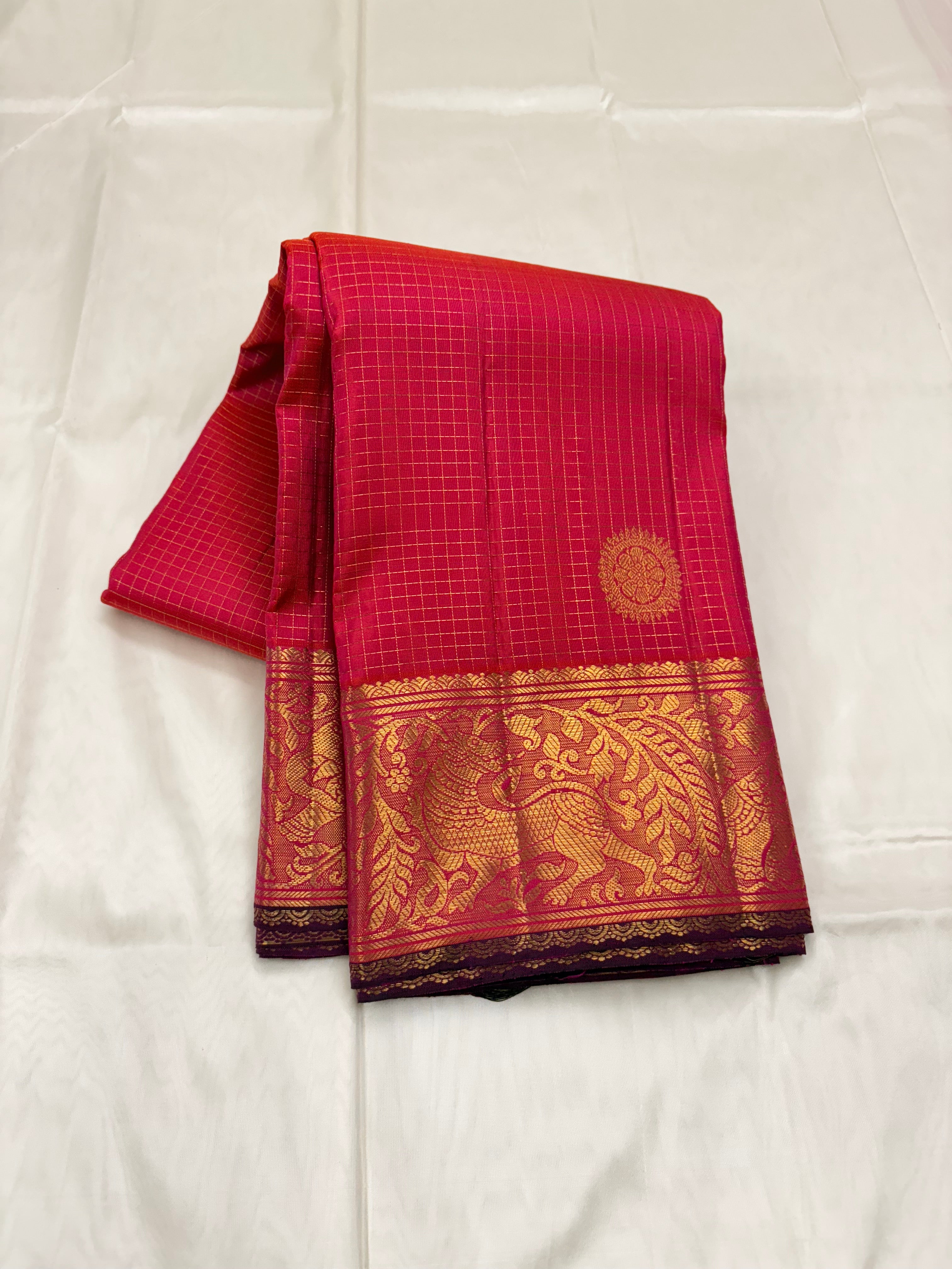 Orangish Pink Zari Kattam Kanchipuram