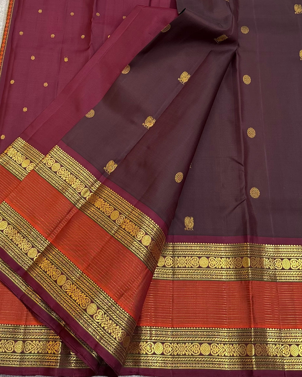 Redwine with rusty orange kanchipurams