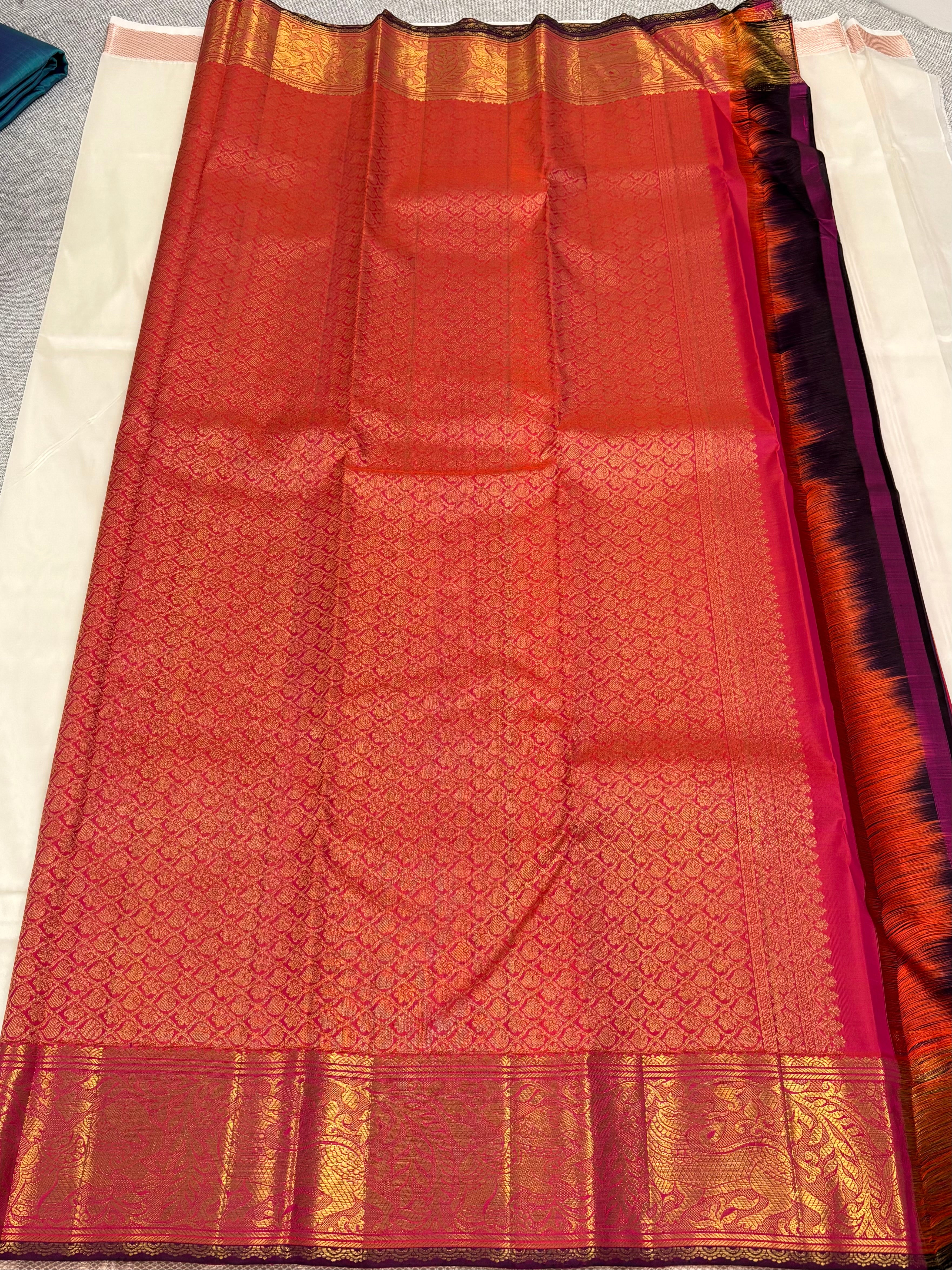 Orangish Pink Zari Kattam Kanchipuram