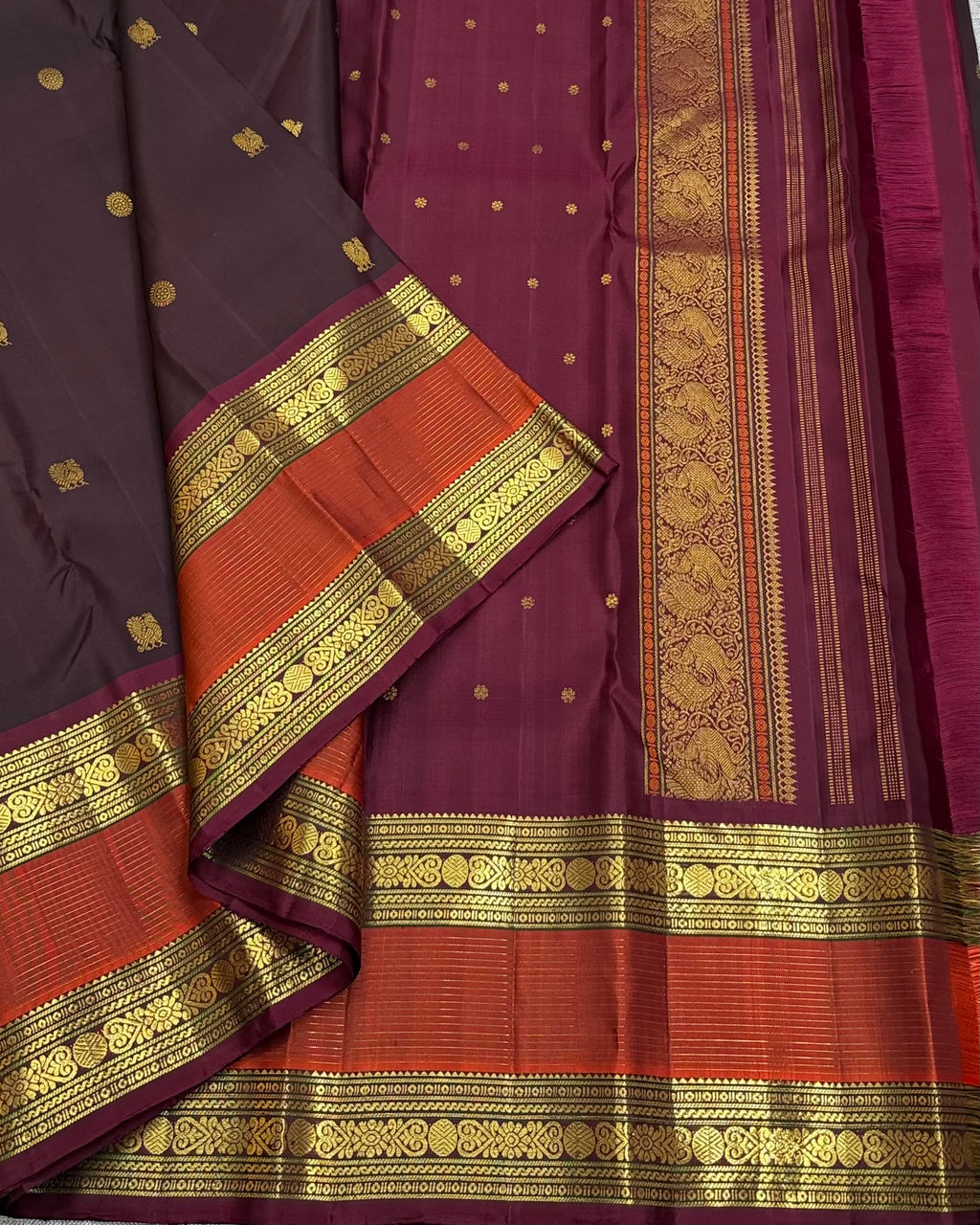 Redwine with rusty orange kanchipurams