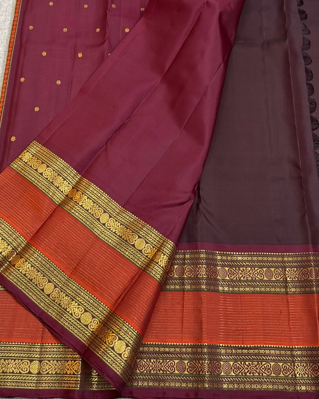 Redwine with rusty orange kanchipurams