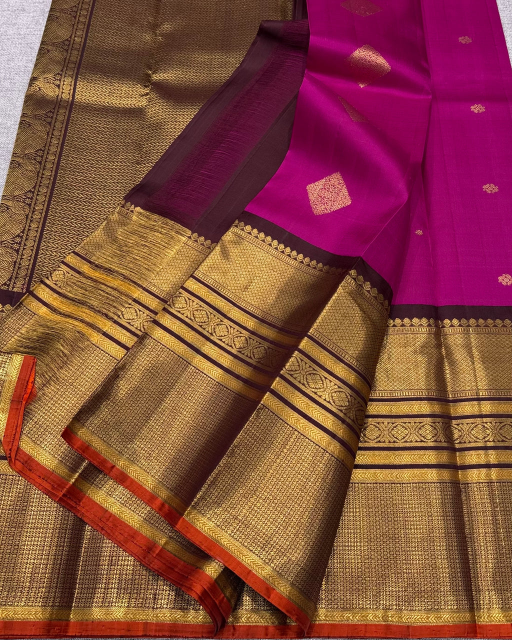 Magenta with brown long border Kanchipuram