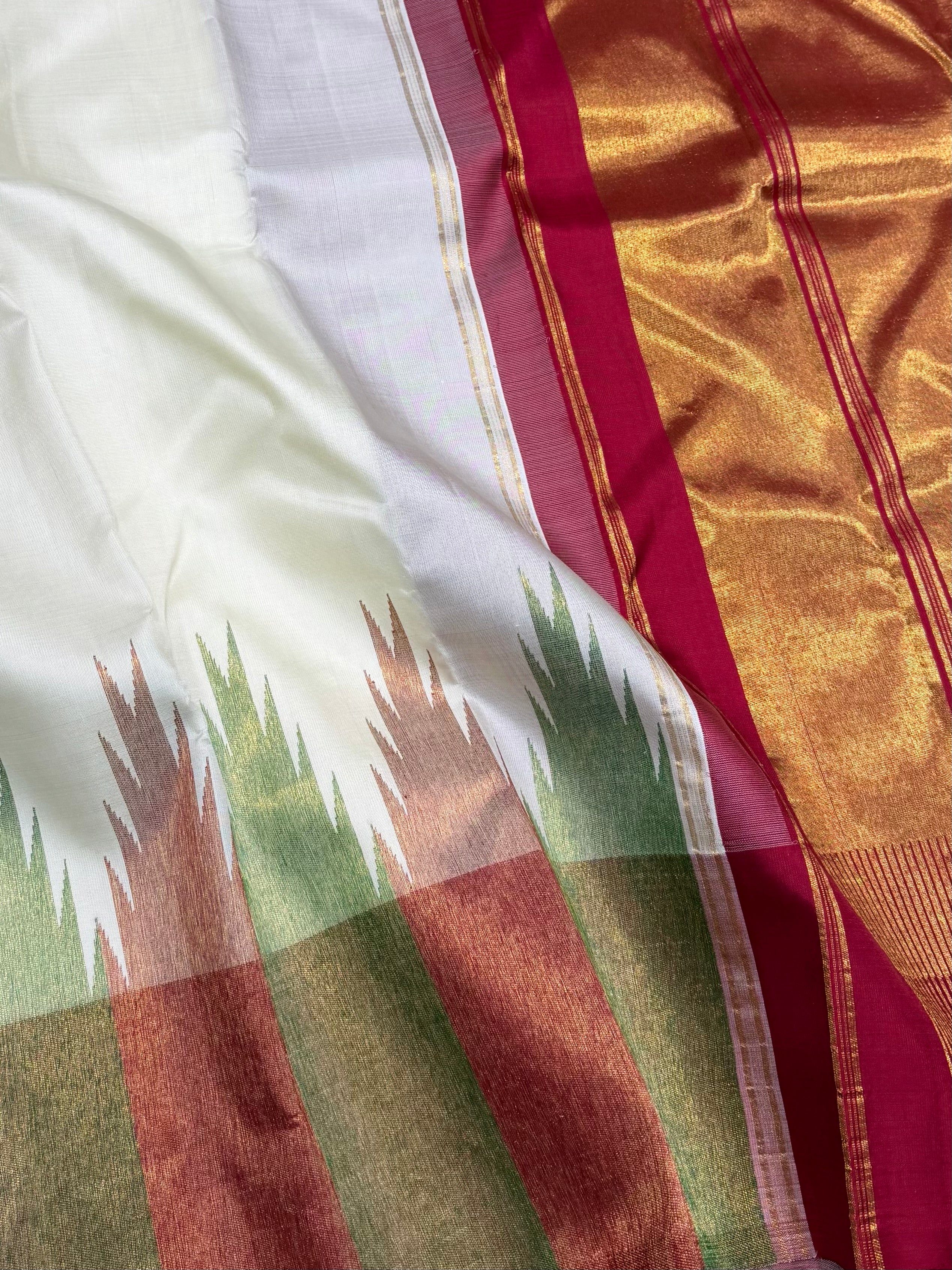 Halfwhite temple border kanchipuram silk saree