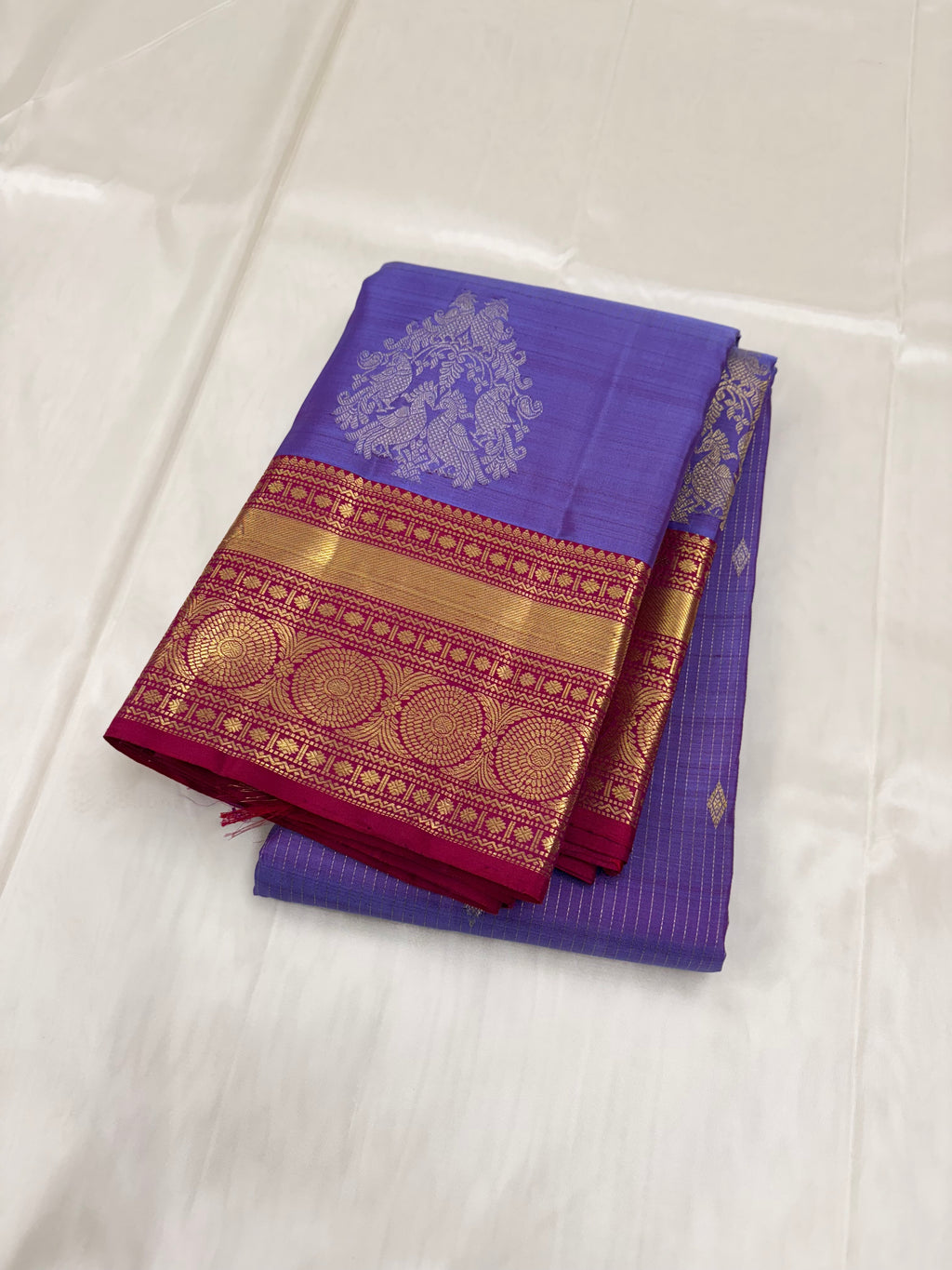 Lavender with reddish maroon Kancheevaram