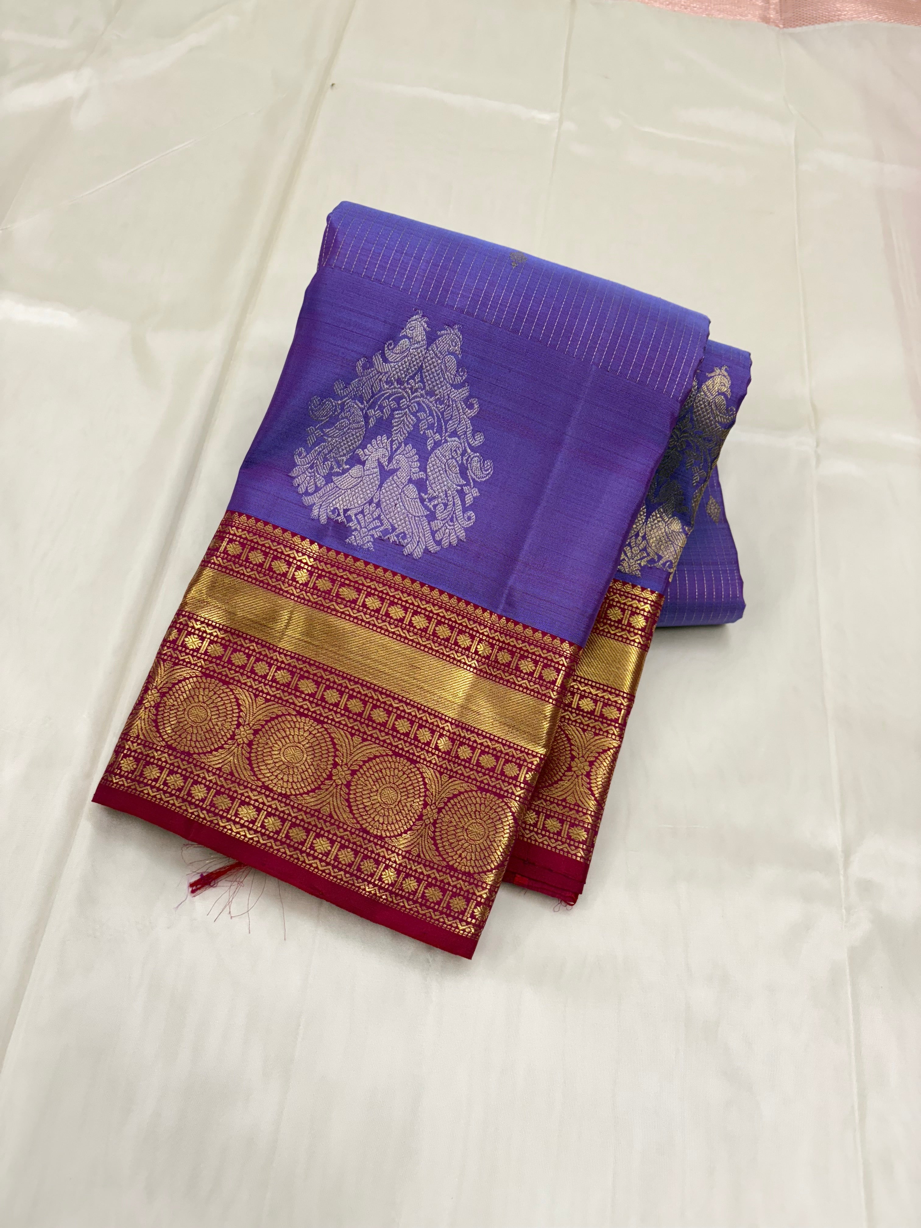 Lavender with reddish maroon Kancheevaram