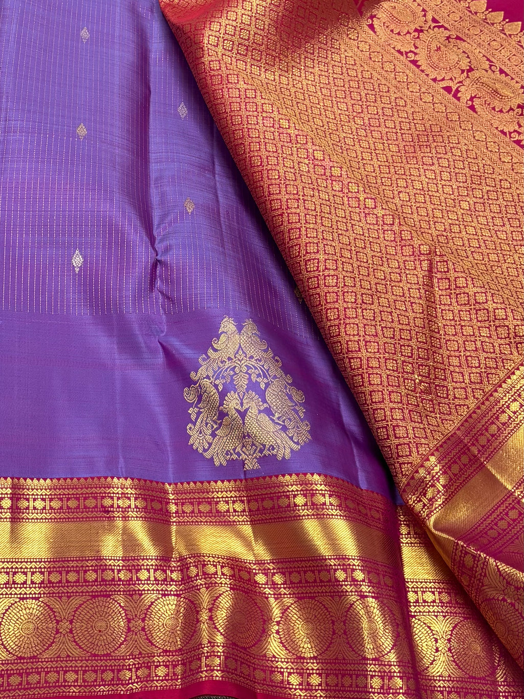 Lavender with reddish maroon Kancheevaram