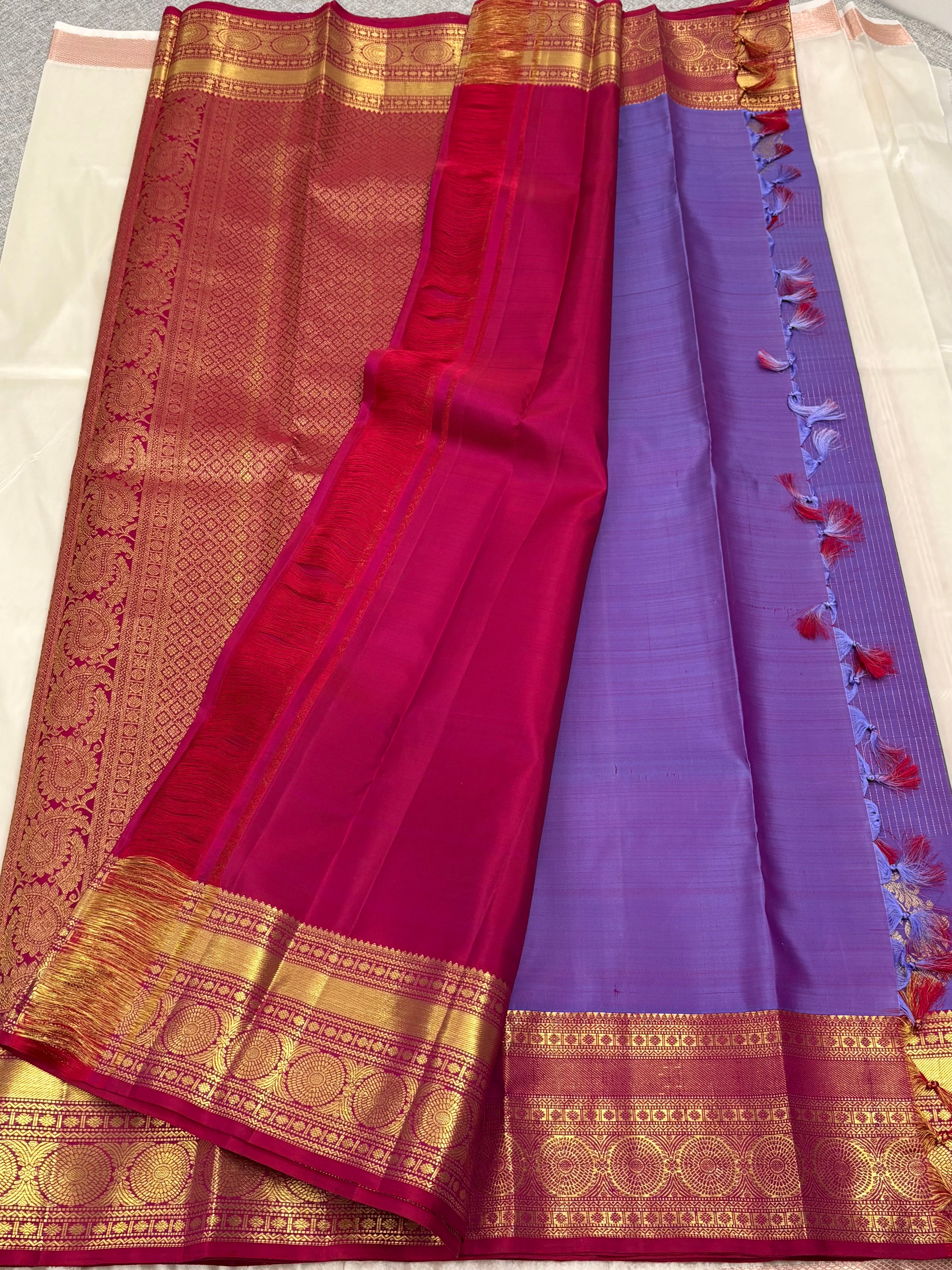 Lavender with reddish maroon Kancheevaram