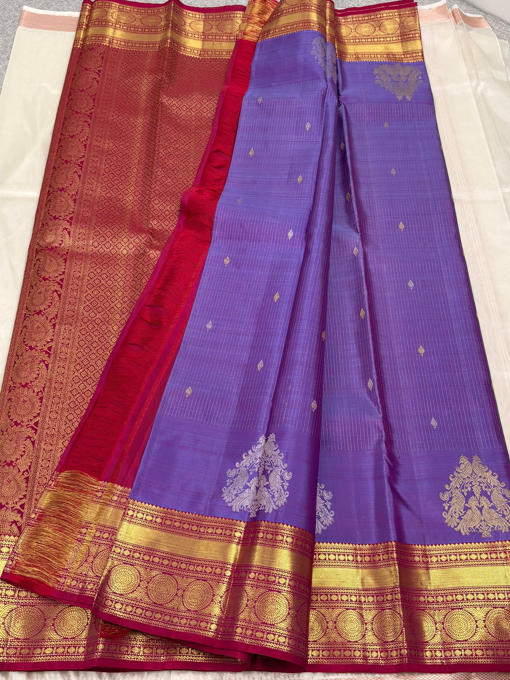 Lavender with reddish maroon Kancheevaram