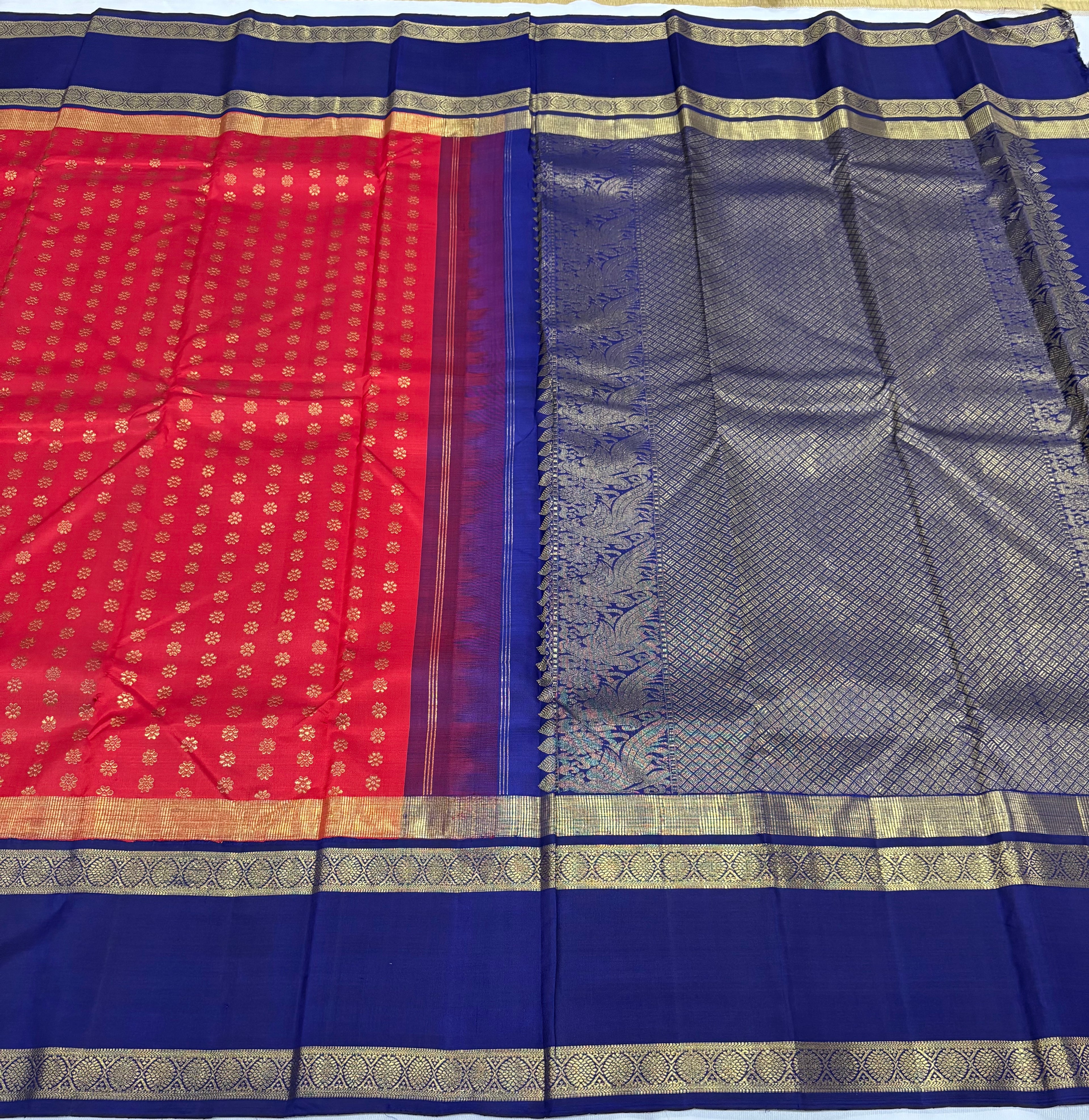 Red with blue kanchipuram silk saree