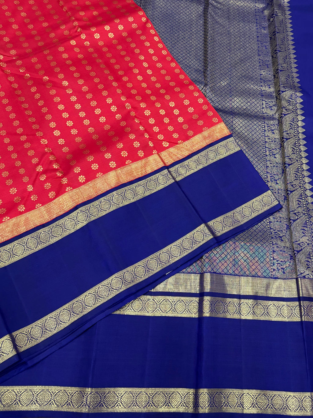 Red with blue kanchipuram silk saree