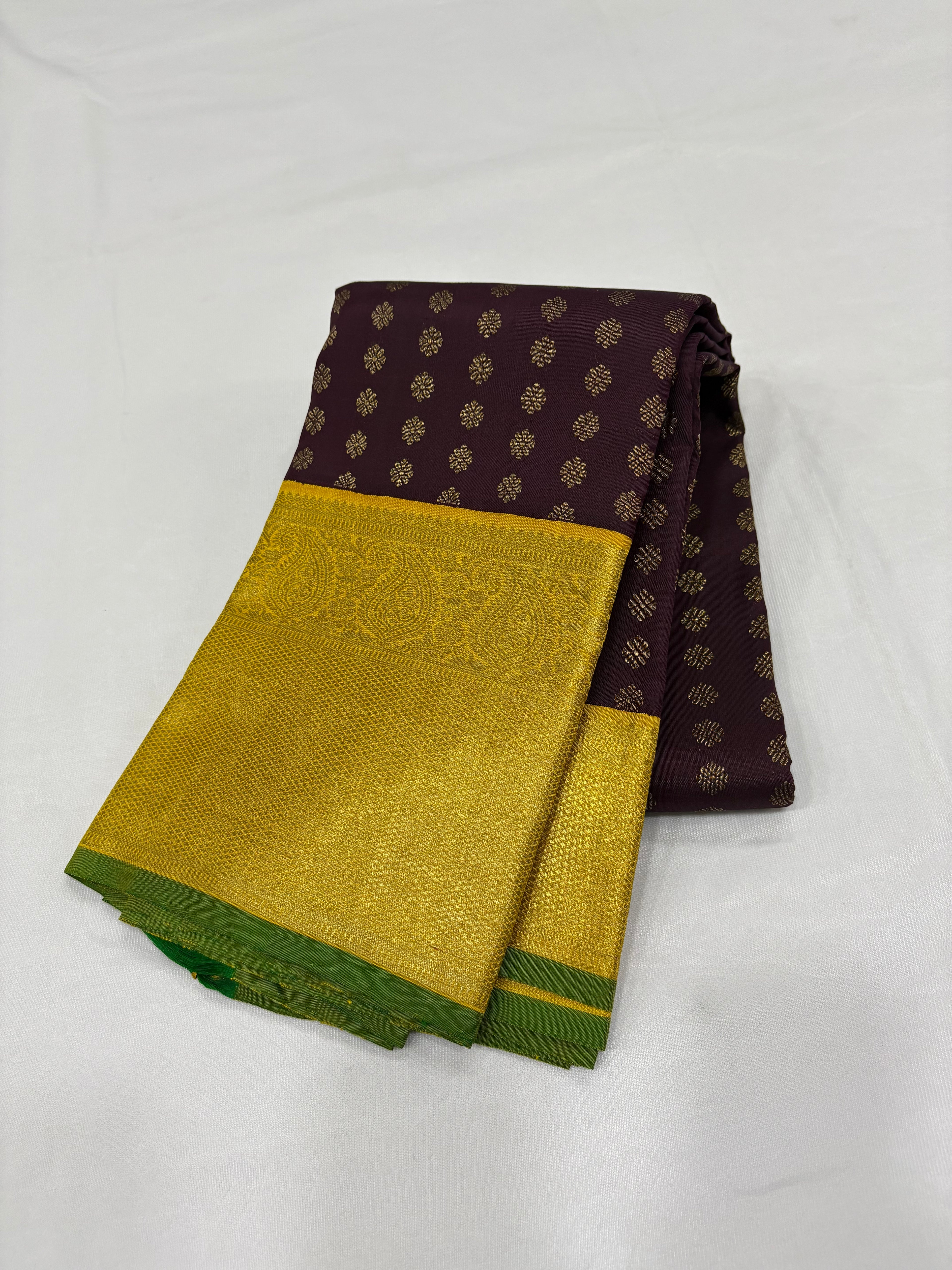 Brown with yellow kanchipuram silk saree
