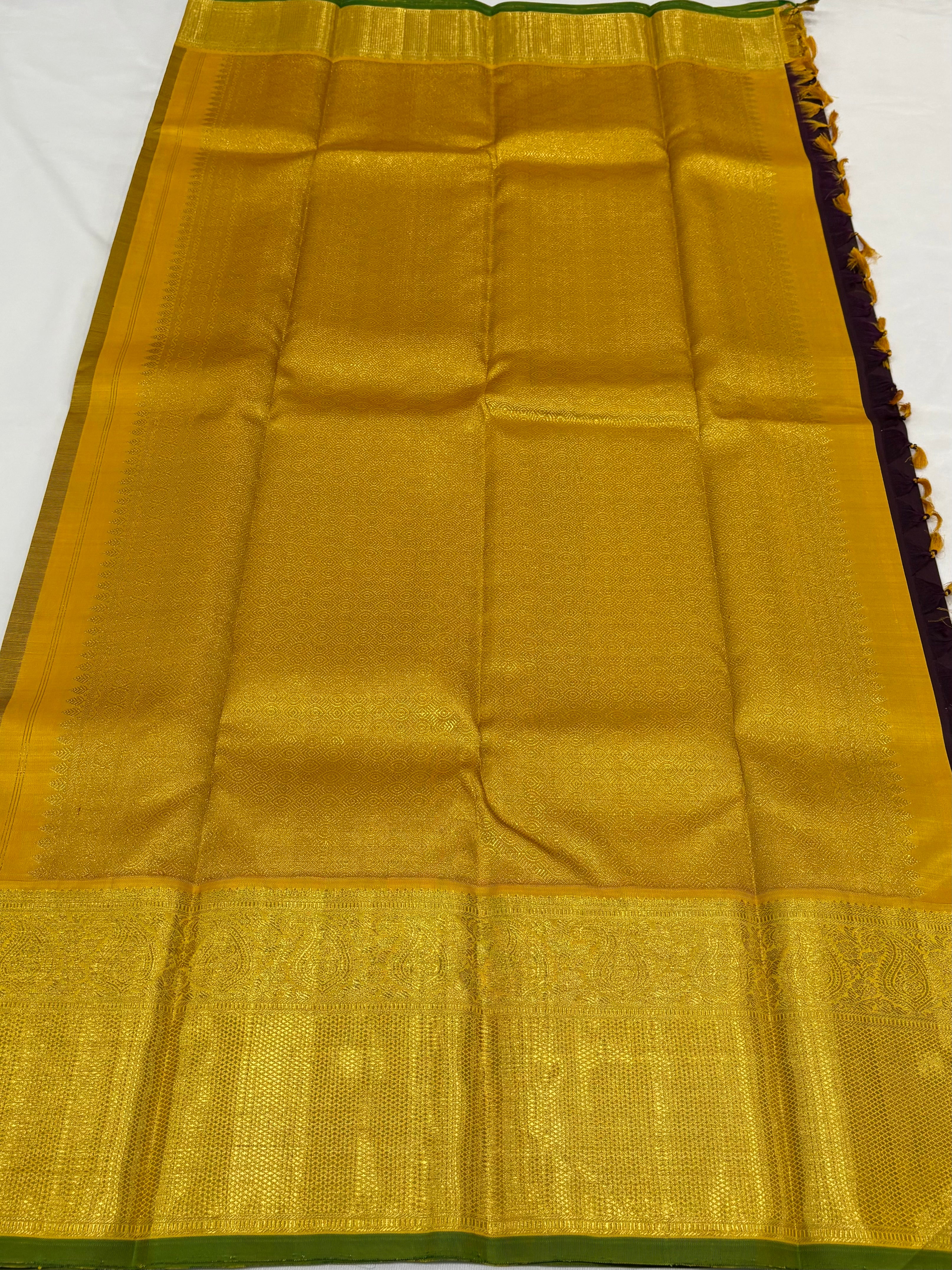 Brown with yellow kanchipuram silk saree