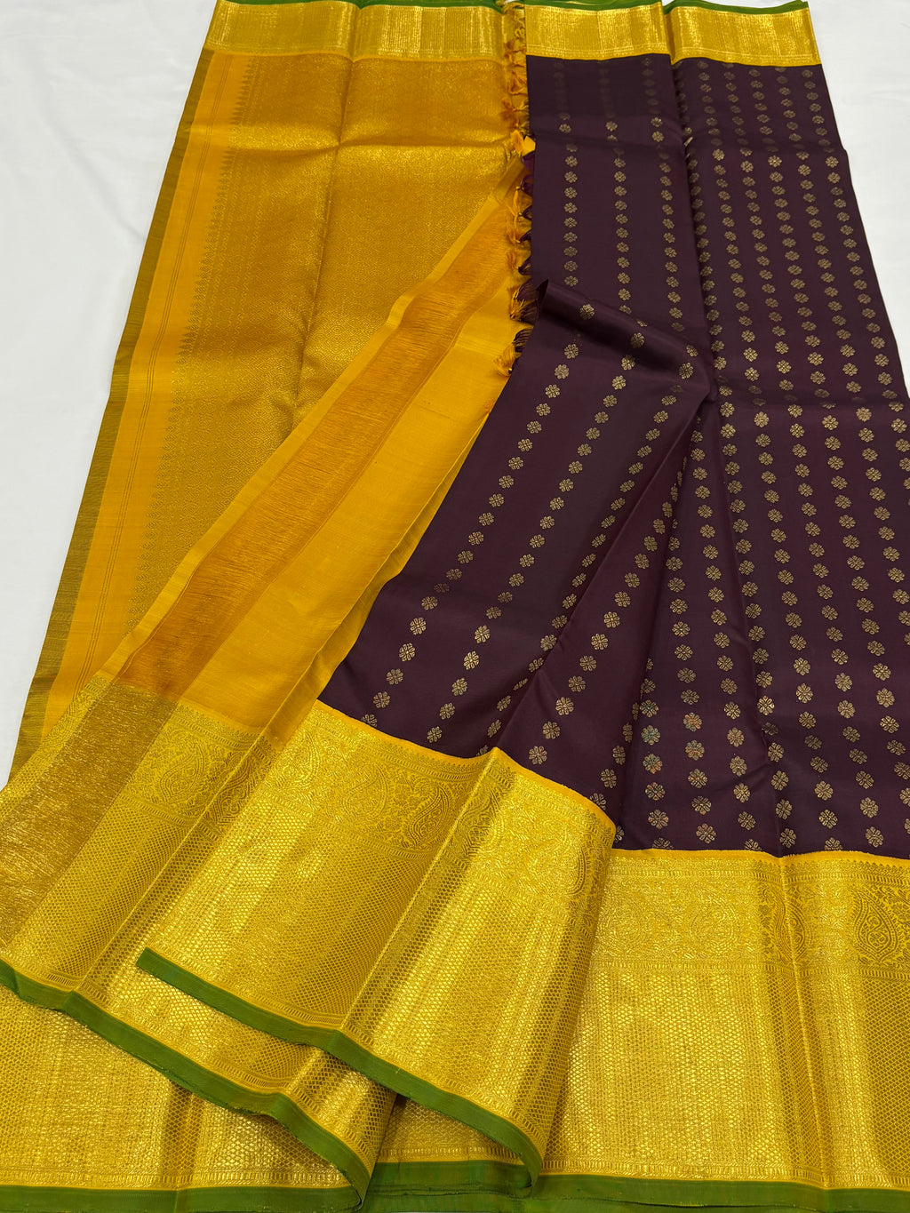Brown with yellow kanchipuram silk saree