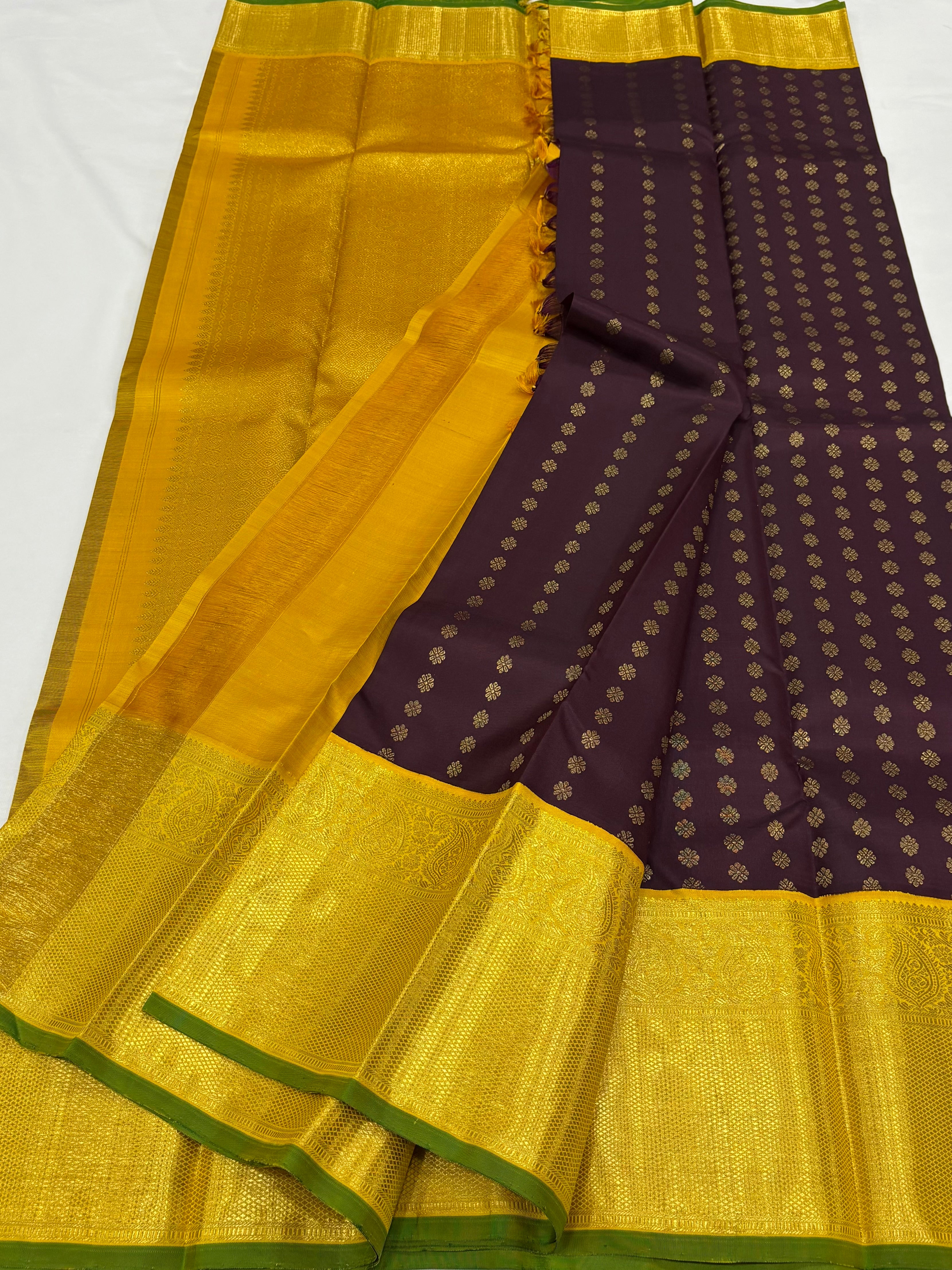 Brown with yellow kanchipuram silk saree