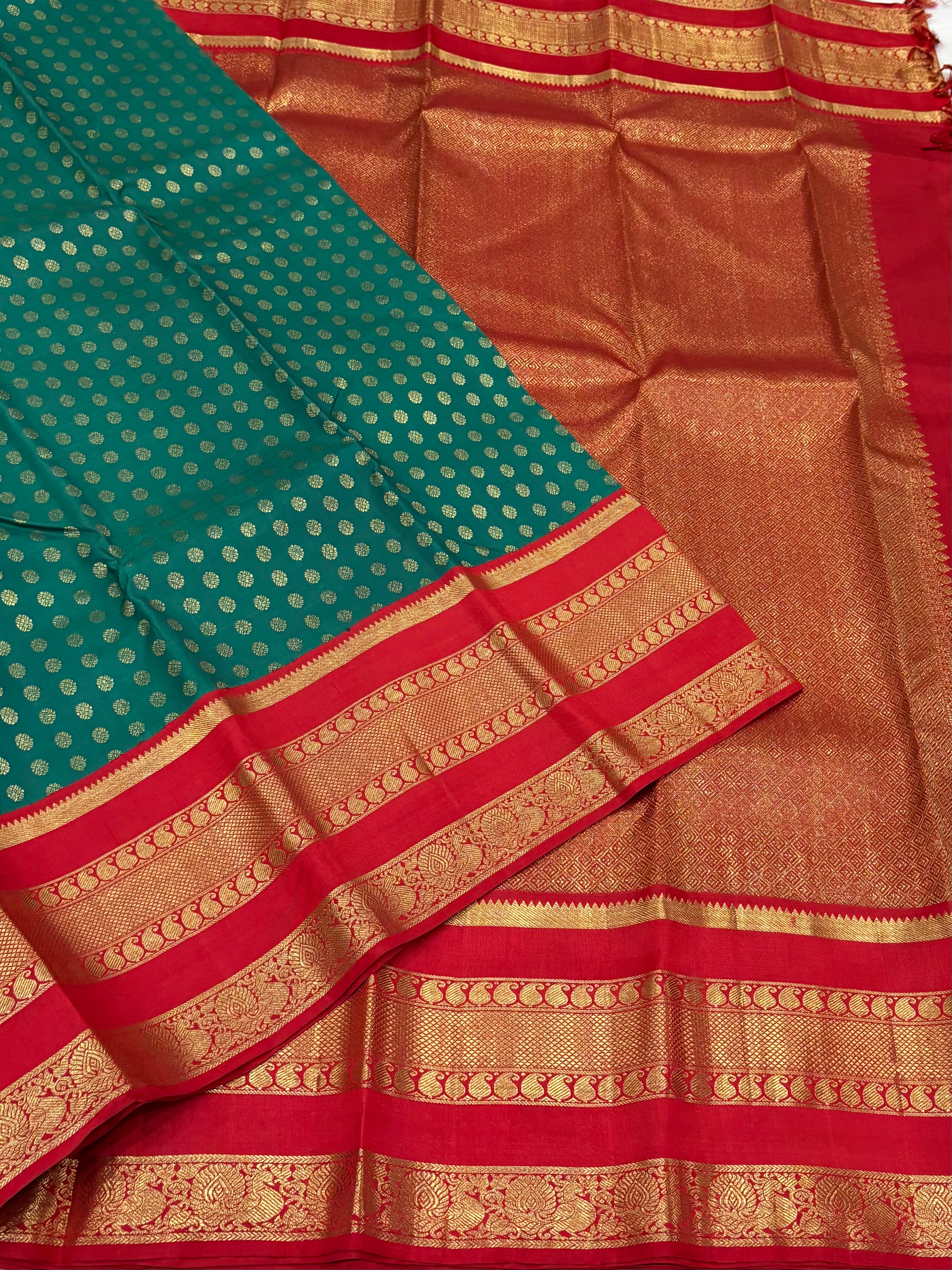 Emerald green with red kancheevarams
