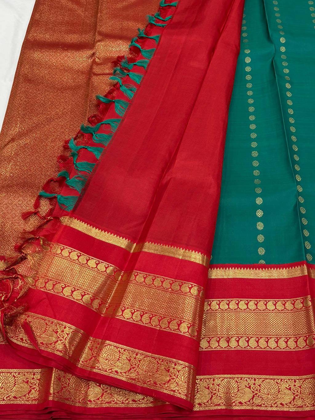 Emerald green with red kancheevarams