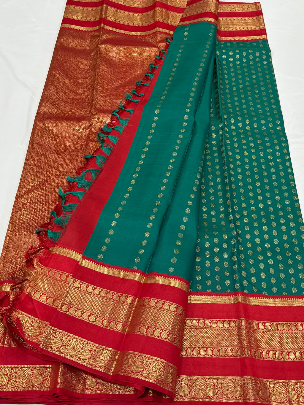 Emerald green with red kancheevarams